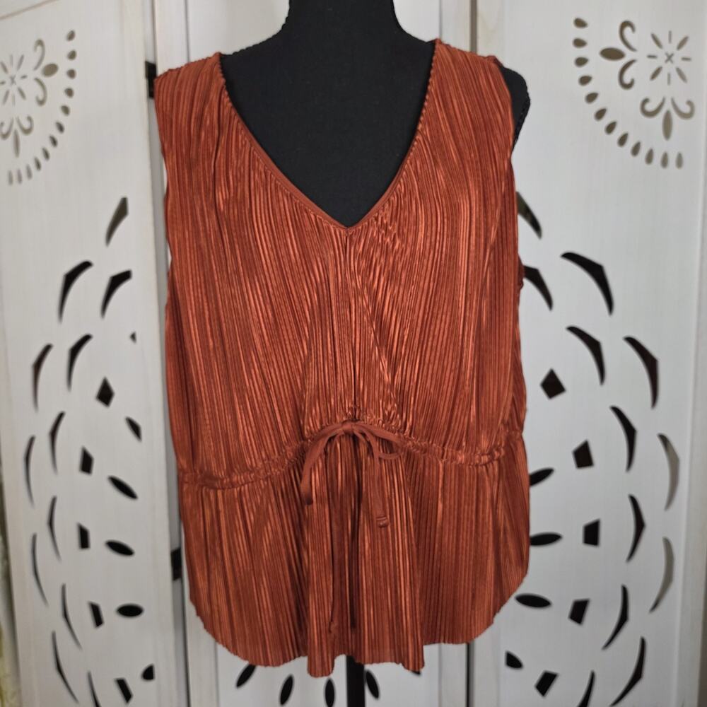 Nine West Pleated Sleevless V-Neck Blouse Rust Color Drawstring Waist Size XL